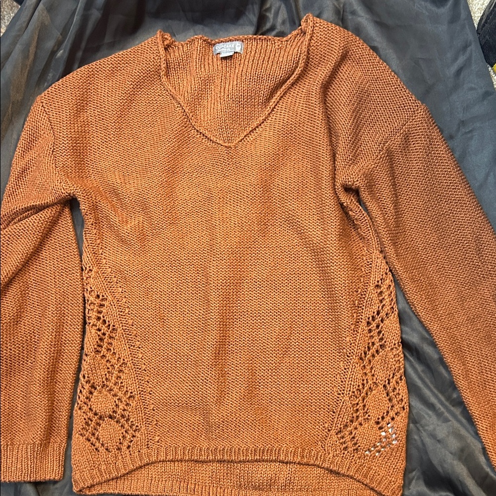 Cake Women's Tan V-Neck Sweater with Lace Accents